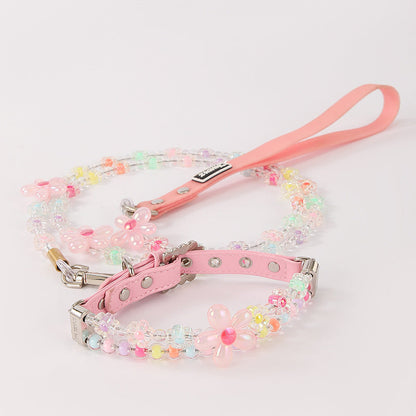 Beaded Flower Dog Collar and Leash Set – Pastel Charm Design