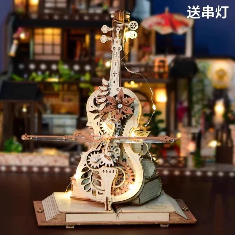 Ruoke Secret Cello Music Box Music Box Building Blocks DIY Handmade Wooden for Birthdays and Valentine's Days Gift for Men and Women