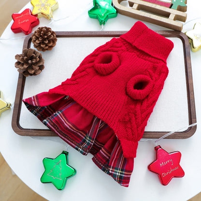 Christmas Sweater Knit Bow Dress for Dogs & Cats – Red Plaid