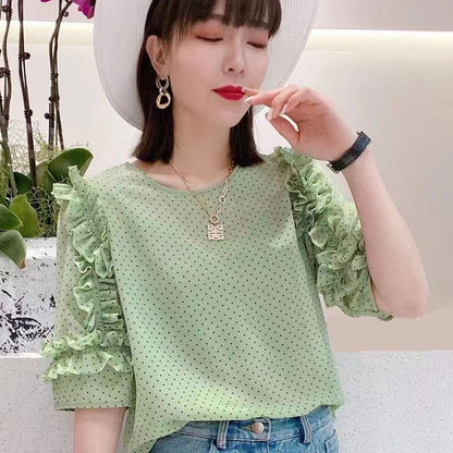 Lightweight Pleated Chiffon Blouse - Ruffle Sleeve Floral Top