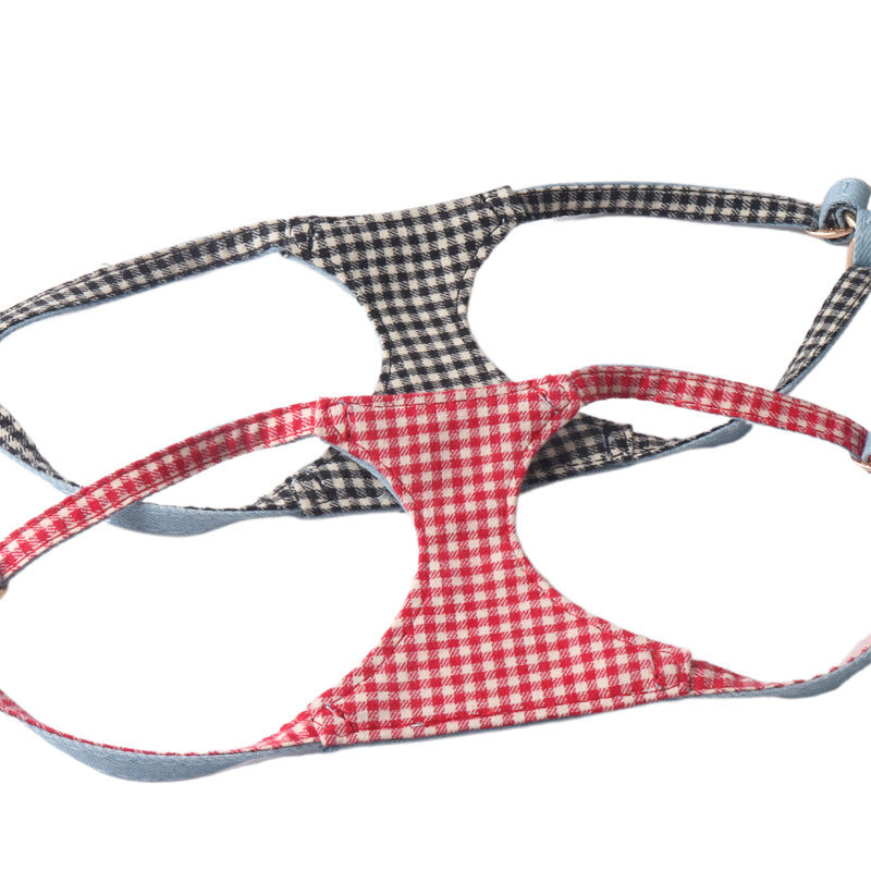 Pet Harness & Leash Set – Denim Plaid Design with Buttons