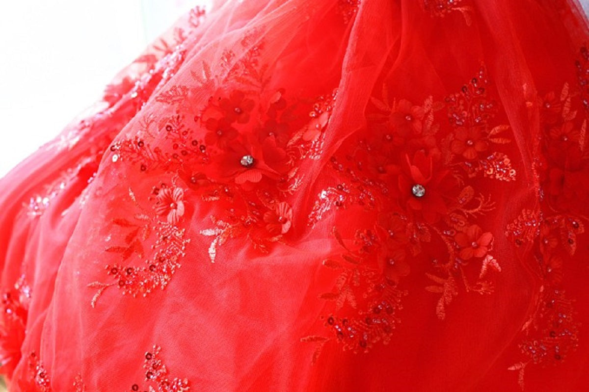 Handmade Ruby Rose Royal Dog Dress – Luxury Red Floral Wedding Gown with Crystal Train