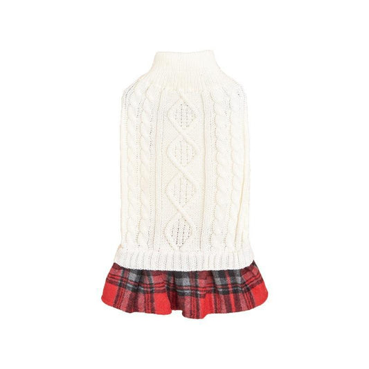 Dog sweater with plaid wool skirt