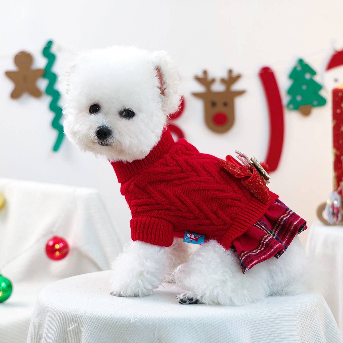Christmas Sweater Knit Bow Dress for Dogs & Cats – Red Plaid