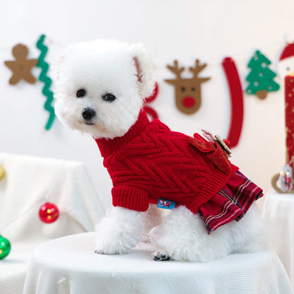 Christmas Sweater Knit Bow Dress for Dogs & Cats – Red Plaid
