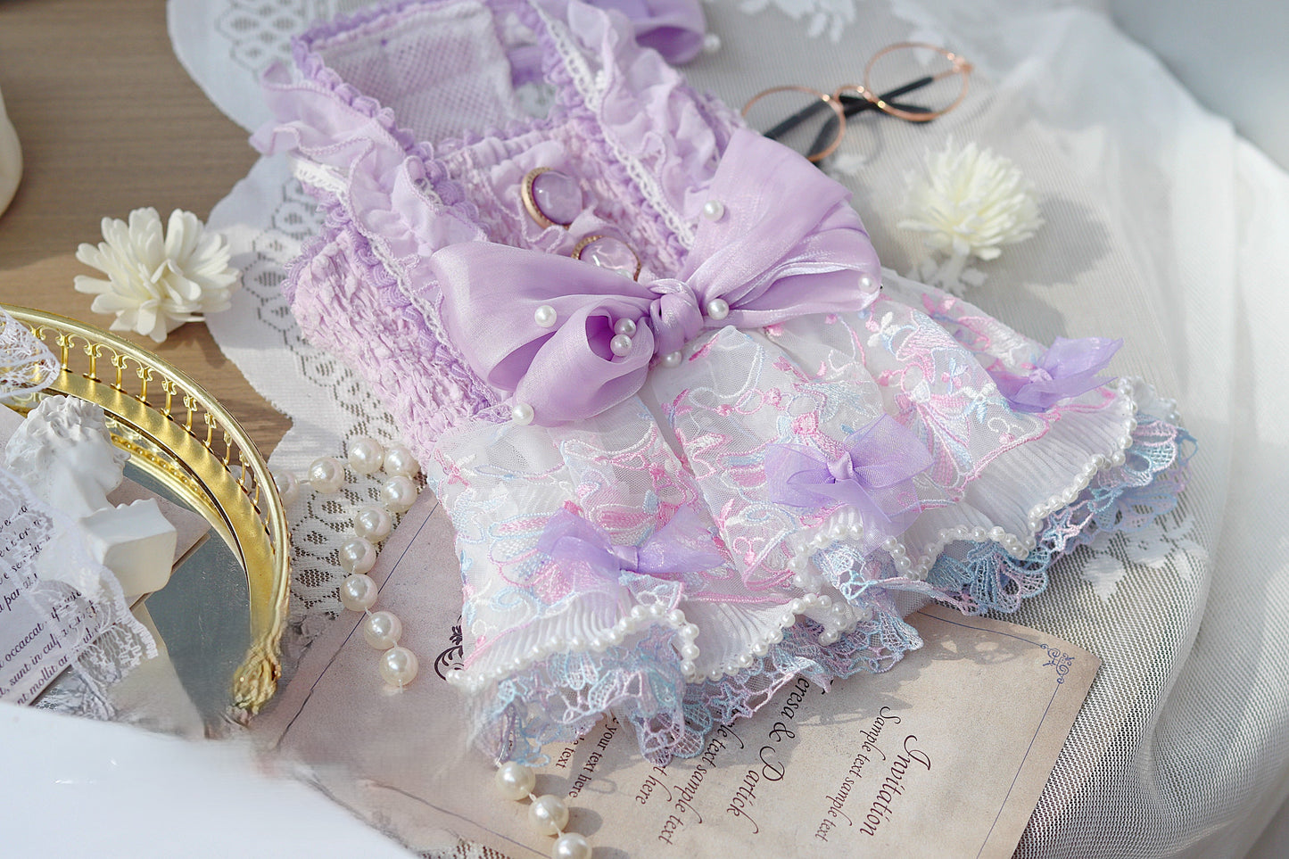 Handmade Luxury Dog Dress Purple Lace Pearl Bow Outfit