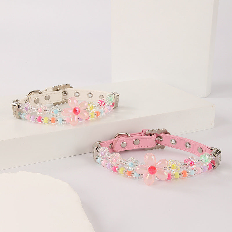 Beaded Flower Dog Collar and Leash Set – Pastel Charm Design
