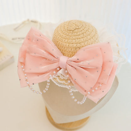 Straw Pet Hat with Lace & Bow Decoration