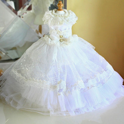 Handmade Victorian Luxury White Dog Wedding Dress with Crinoline Skirt – Bridal Pet Gown for Ceremony & Photoshoot