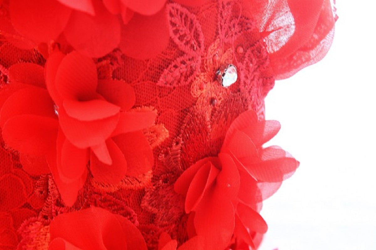 Handmade Ruby Rose Royal Dog Dress – Luxury Red Floral Wedding Gown with Crystal Train