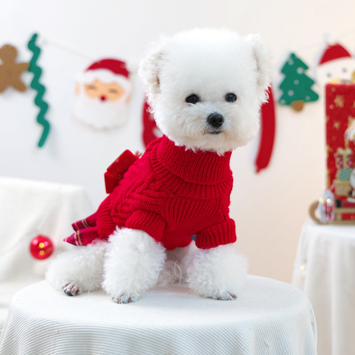 Christmas Sweater Knit Bow Dress for Dogs & Cats – Red Plaid