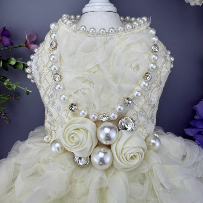 Handmade Luxury Pearl & Rose Lace Pet Dress