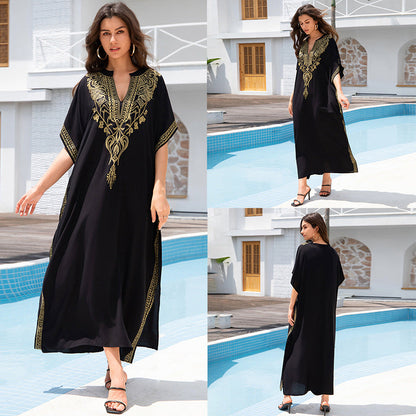 Lightweight Embroidered Kaftan Beach Dress - Gold Thread Rayon