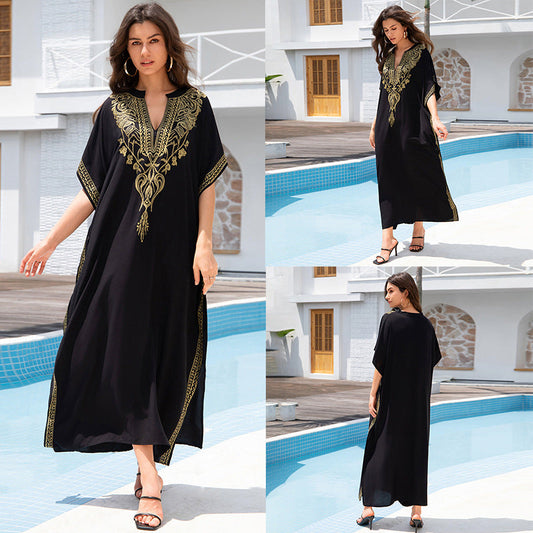 Lightweight Embroidered Kaftan Beach Dress - Gold Thread Rayon