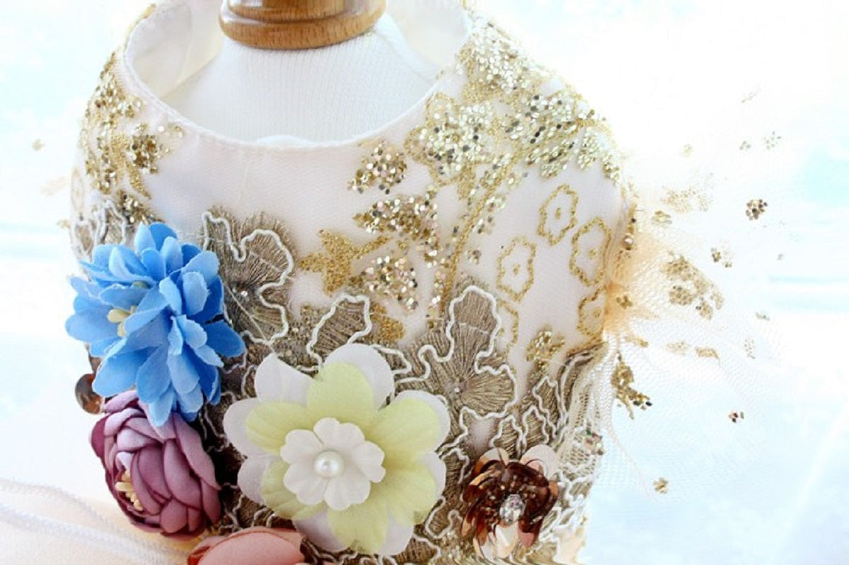Handmade Luxury Champagne Gold Princess Dog Wedding Dress Glitter Lace Ball Gown for Small Dogs