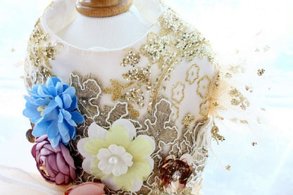 Handmade Luxury Champagne Gold Princess Dog Wedding Dress Glitter Lace Ball Gown for Small Dogs