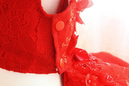 Handmade Ruby Rose Royal Dog Dress – Luxury Red Floral Wedding Gown with Crystal Train