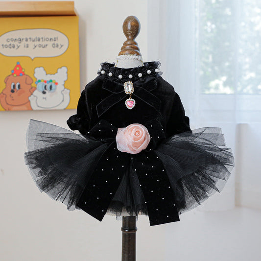 Dog dress black velvet rose