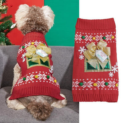 Christmas Pet Sweater • Gift Box Appliqué & Bow Knit