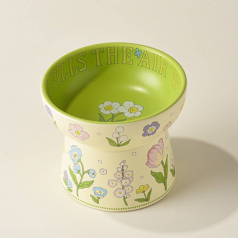 Dog bowl ceramic green white flowers