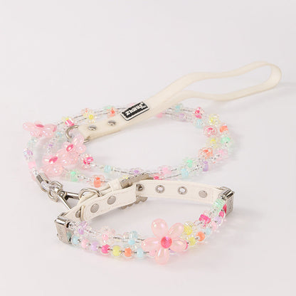Beaded Flower Dog Collar and Leash Set – Pastel Charm Design
