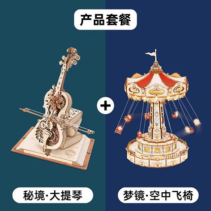 Ruoke Secret Cello Music Box Music Box Building Blocks DIY Handmade Wooden for Birthdays and Valentine's Days Gift for Men and Women