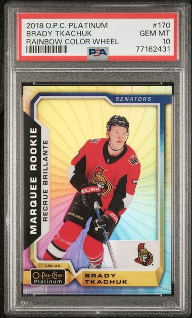 Graded 2018 UD O-Pee-Chee Platinum Brady Tkachuk #170 Rainbow Color Wheel Rookie RC Hockey Card PSA 10 Gem Mint