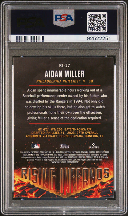 Graded 2024 Topps Bowman Aidan Miller #RI17 Rising Infernos Rookie RC Baseball Card PSA 10 Gem Mint