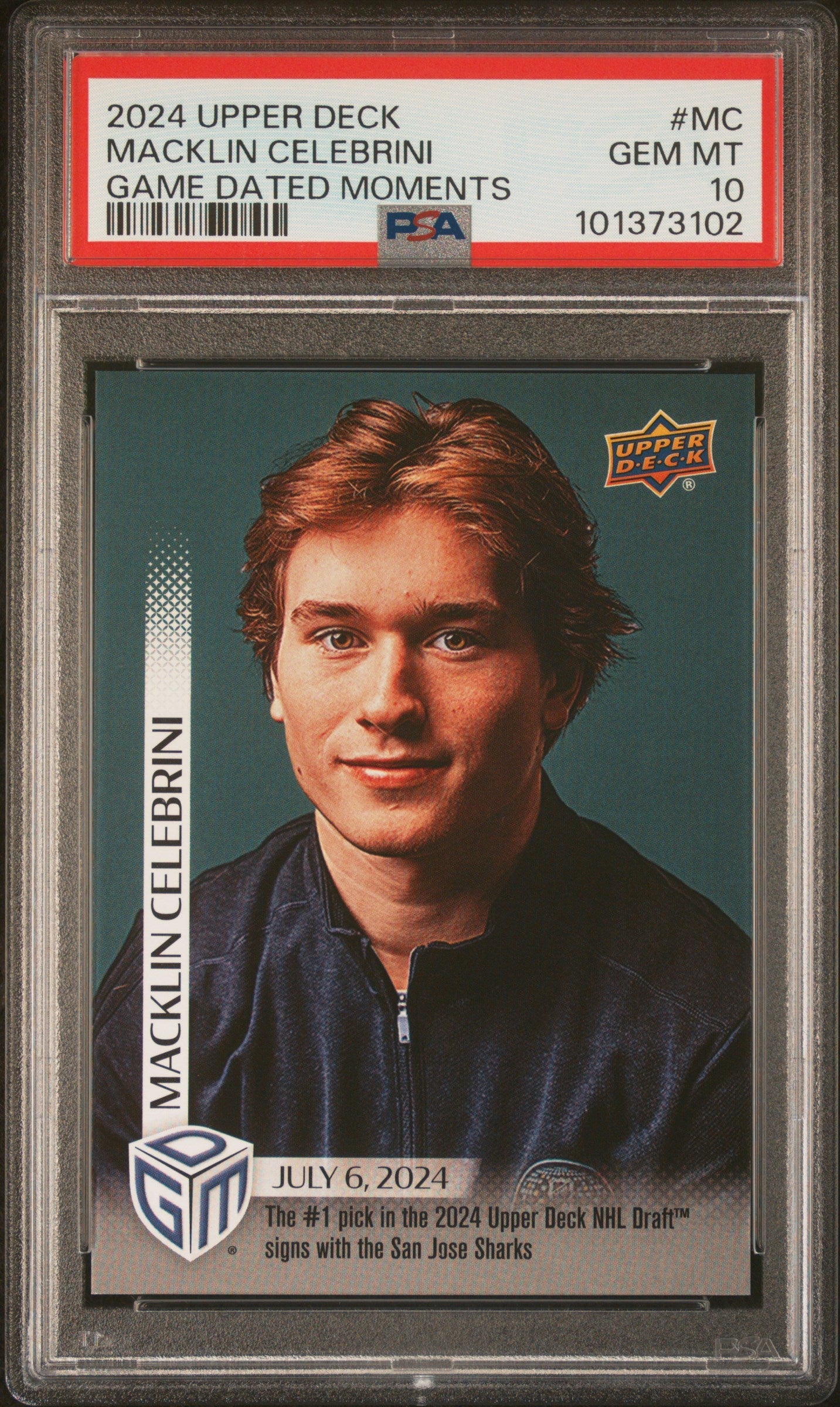 Graded 2024 Upper Deck Macklin Celebrini #MC Game Dated Moments Rookie RC Hockey Card PSA 10 Gem Mint