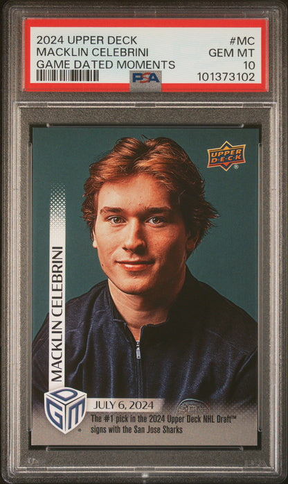 Graded 2024 Upper Deck Macklin Celebrini #MC Game Dated Moments Rookie RC Hockey Card PSA 10 Gem Mint
