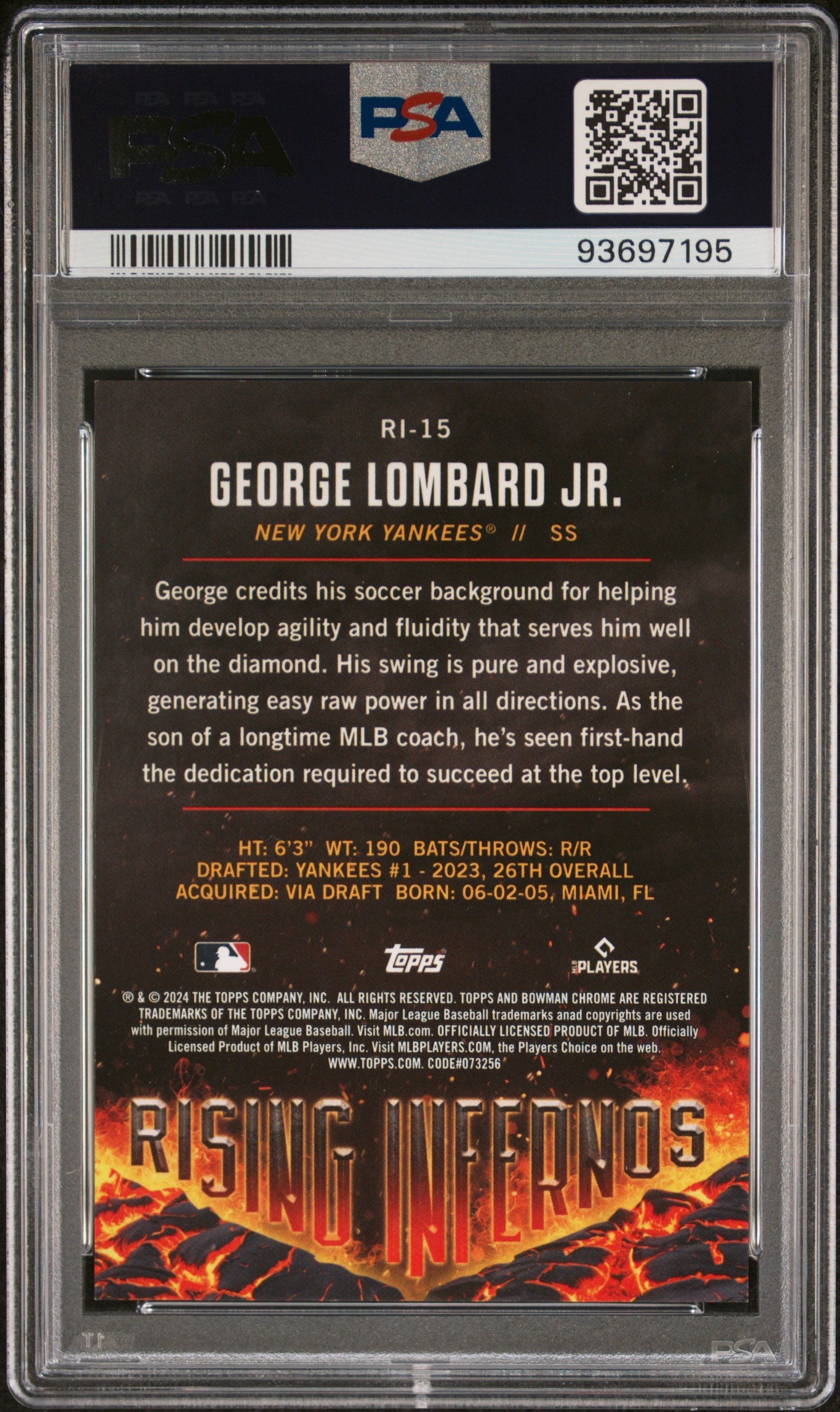 Graded 2024 Topps Bowman George Lombard Jr #RI15 Rising Infernos Aqua /125 Rookie RC Baseball Card PSA 10 Gem Mint