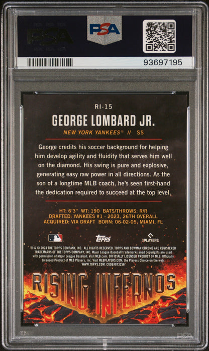 Graded 2024 Topps Bowman George Lombard Jr #RI15 Rising Infernos Aqua /125 Rookie RC Baseball Card PSA 10 Gem Mint