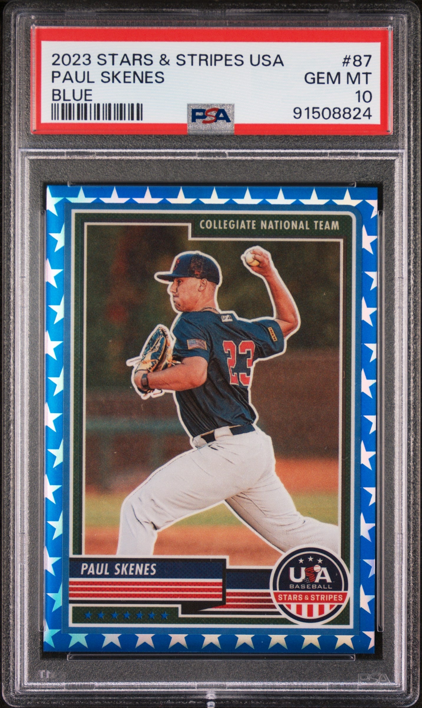 Graded 2023 Panini Stars & Stripes USA Paul Skenes #87 Blue /75 Rookie RC Baseball Card PSA 10 Gem Mint