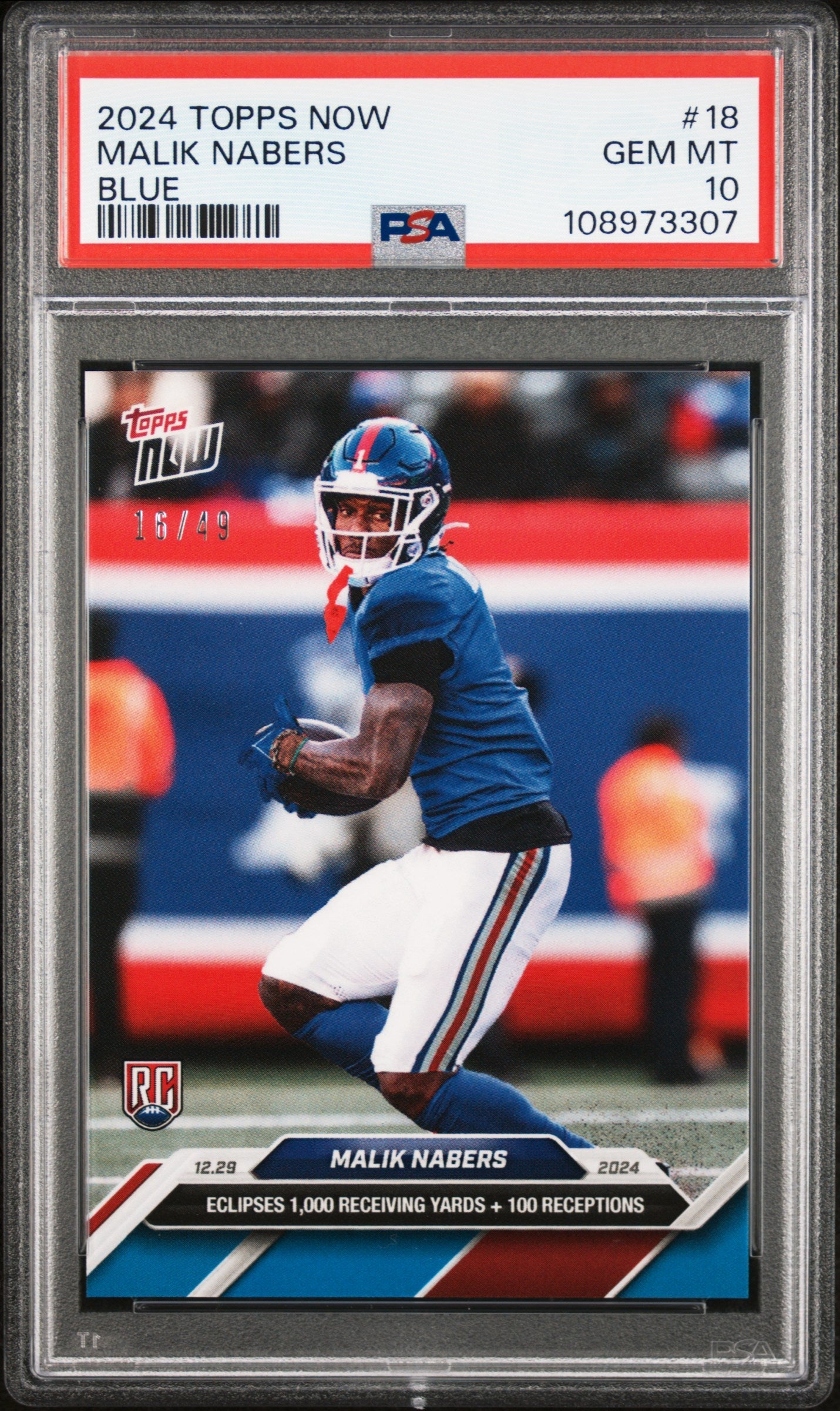 Graded 2024 Topps Now Malik Nabers #18 Blue /49 Rookie RC Football Card PSA 10 Gem Mint