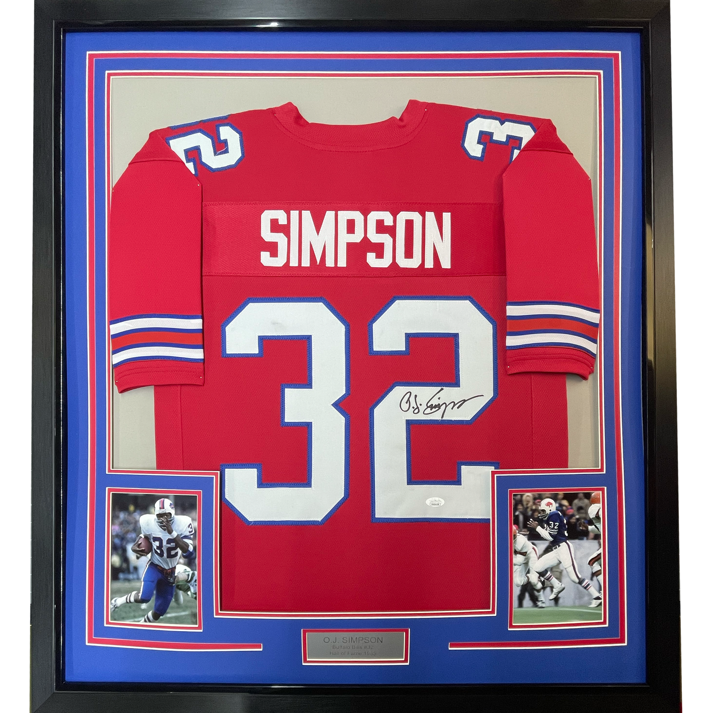Framed Autographed/Signed OJ O.J. Simpson 35x39 Buffalo Red Football Jersey JSA COA