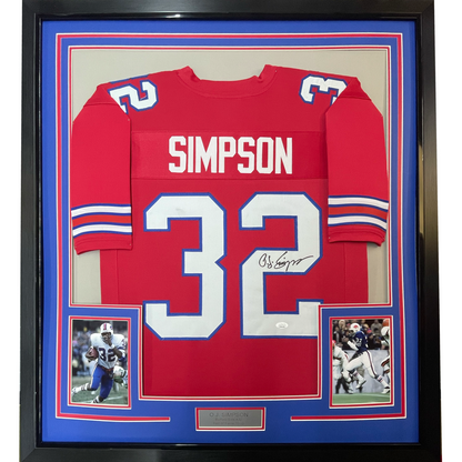 Framed Autographed/Signed OJ O.J. Simpson 35x39 Buffalo Red Football Jersey JSA COA