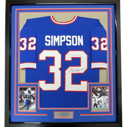 Framed Autographed/Signed OJ O.J. Simpson 35x39 Buffalo Blue Football Jersey JSA COA
