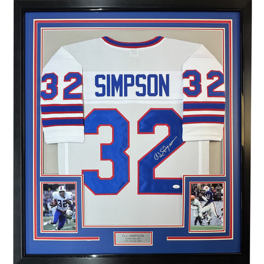 Framed Autographed/Signed OJ O.J. Simpson 35x39 Buffalo White Football Jersey JSA COA