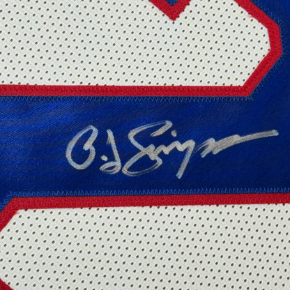 Framed Autographed/Signed OJ O.J. Simpson 35x39 Buffalo White Football Jersey JSA COA