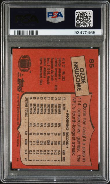 Graded 1987 Topps Ozzie Newsome #85 Football Card PSA 8 NM-MT