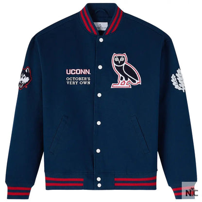 OVO x UConn Huskies Time To Shine Full-Snap Varsity Jacket - Navy
