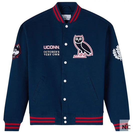 OVO x UConn Huskies Time To Shine Full-Snap Varsity Jacket - Navy