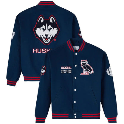 OVO x UConn Huskies Time To Shine Full-Snap Varsity Jacket - Navy