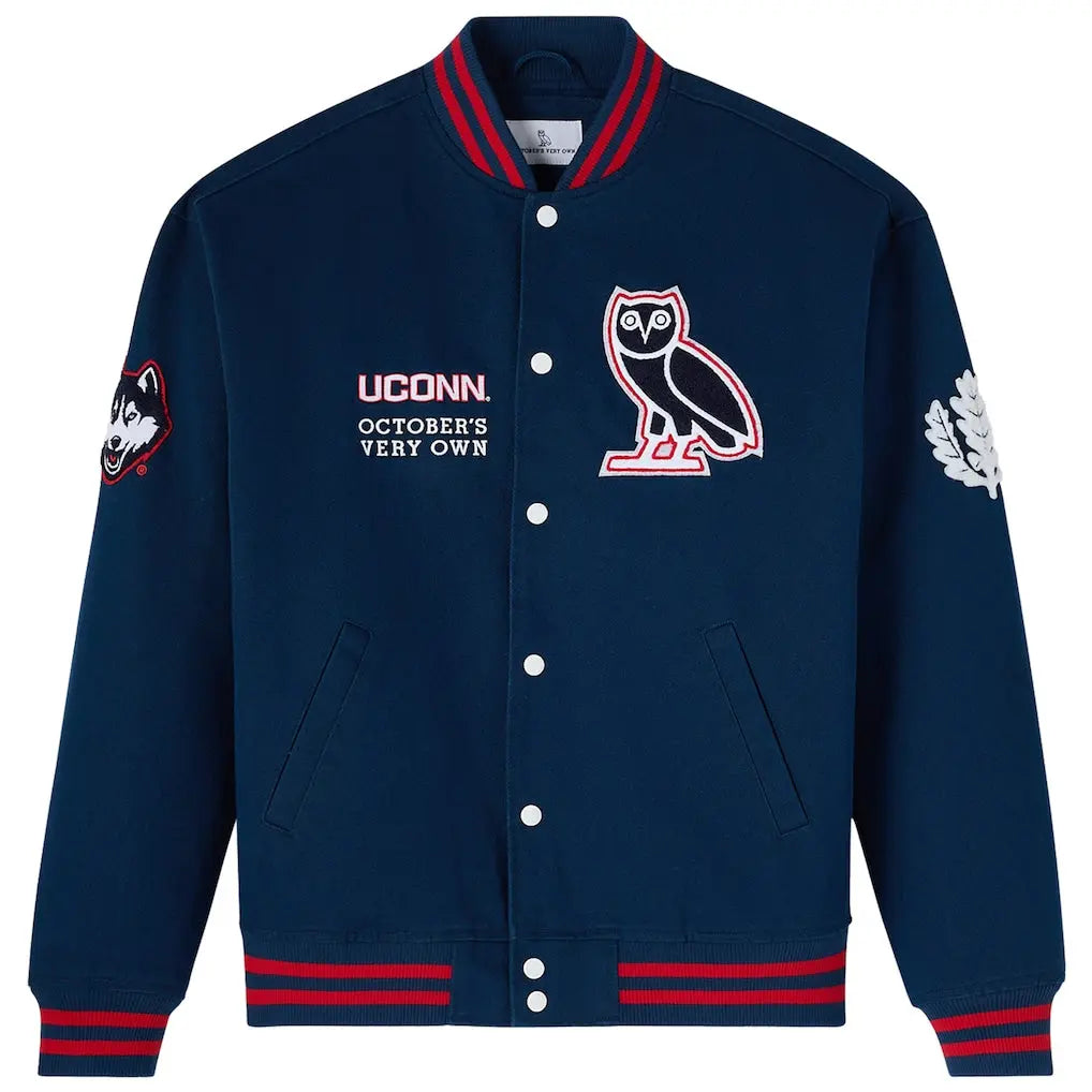 OVO x UConn Huskies Time To Shine Full-Snap Varsity Jacket - Navy