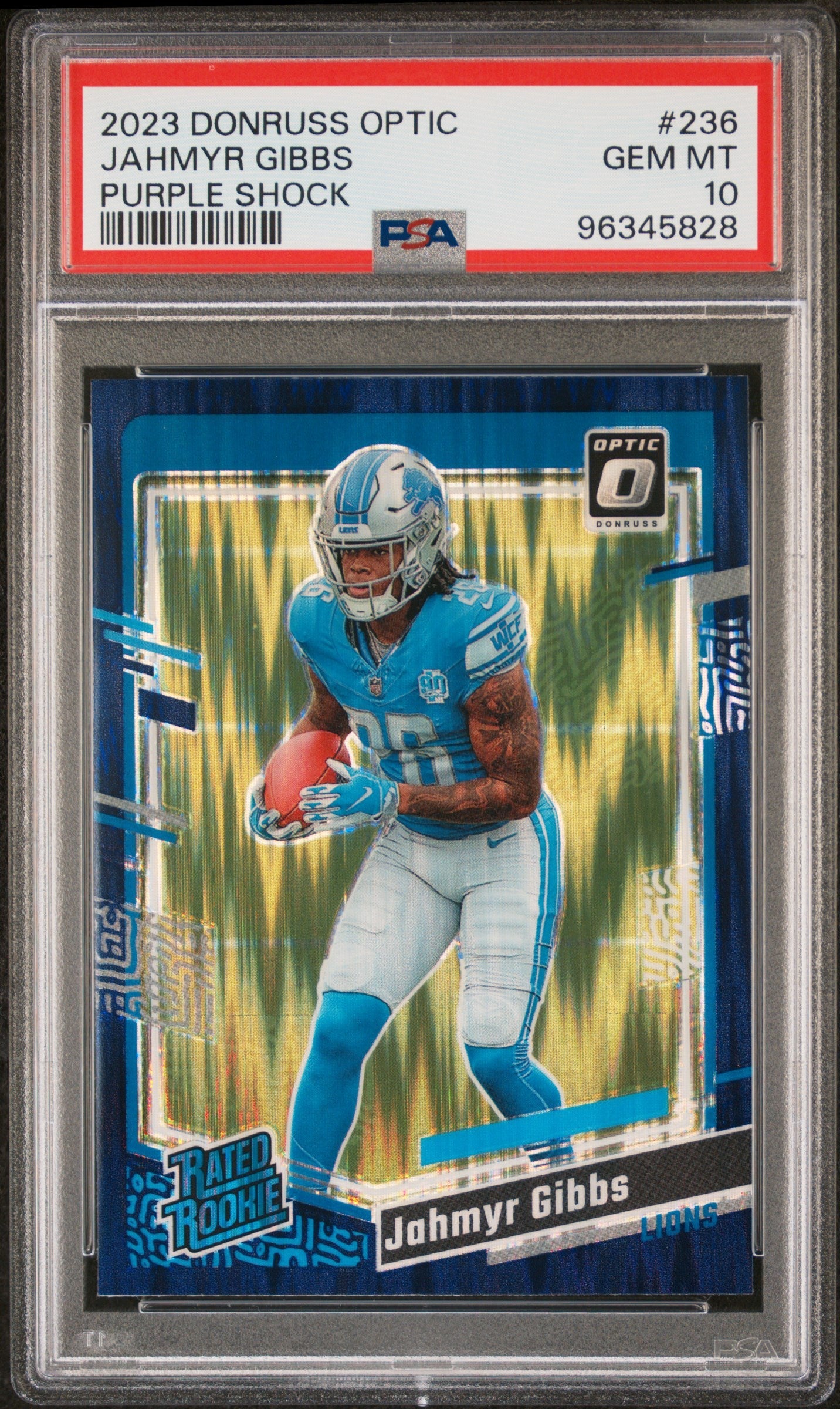 Graded 2023 Panini Donruss Optic Jahmyr Gibbs #236 Purple Shock Rookie RC Football Card PSA 10 Gem Mint