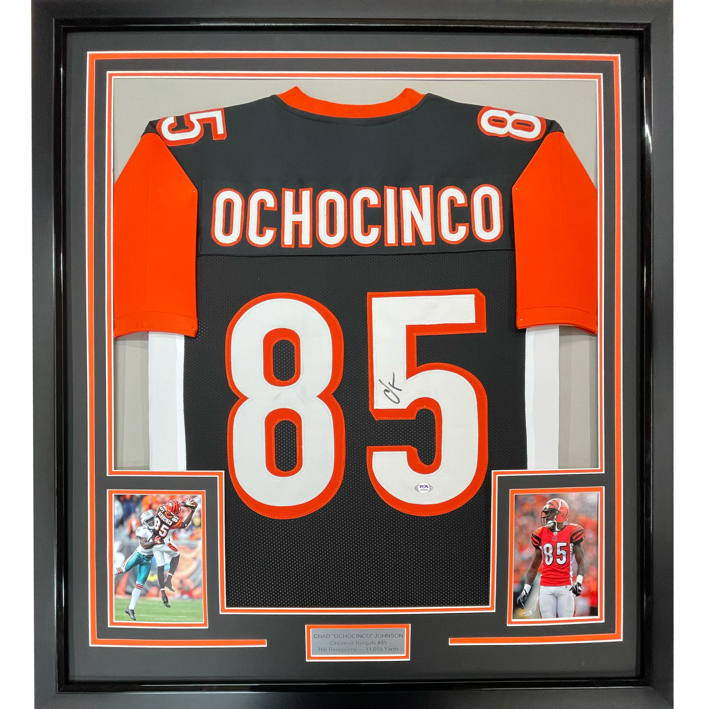 Framed Autographed/Signed Chad Ochocinco (Johnson) 35x39 Cincinnati Black Football Jersey JSA COA