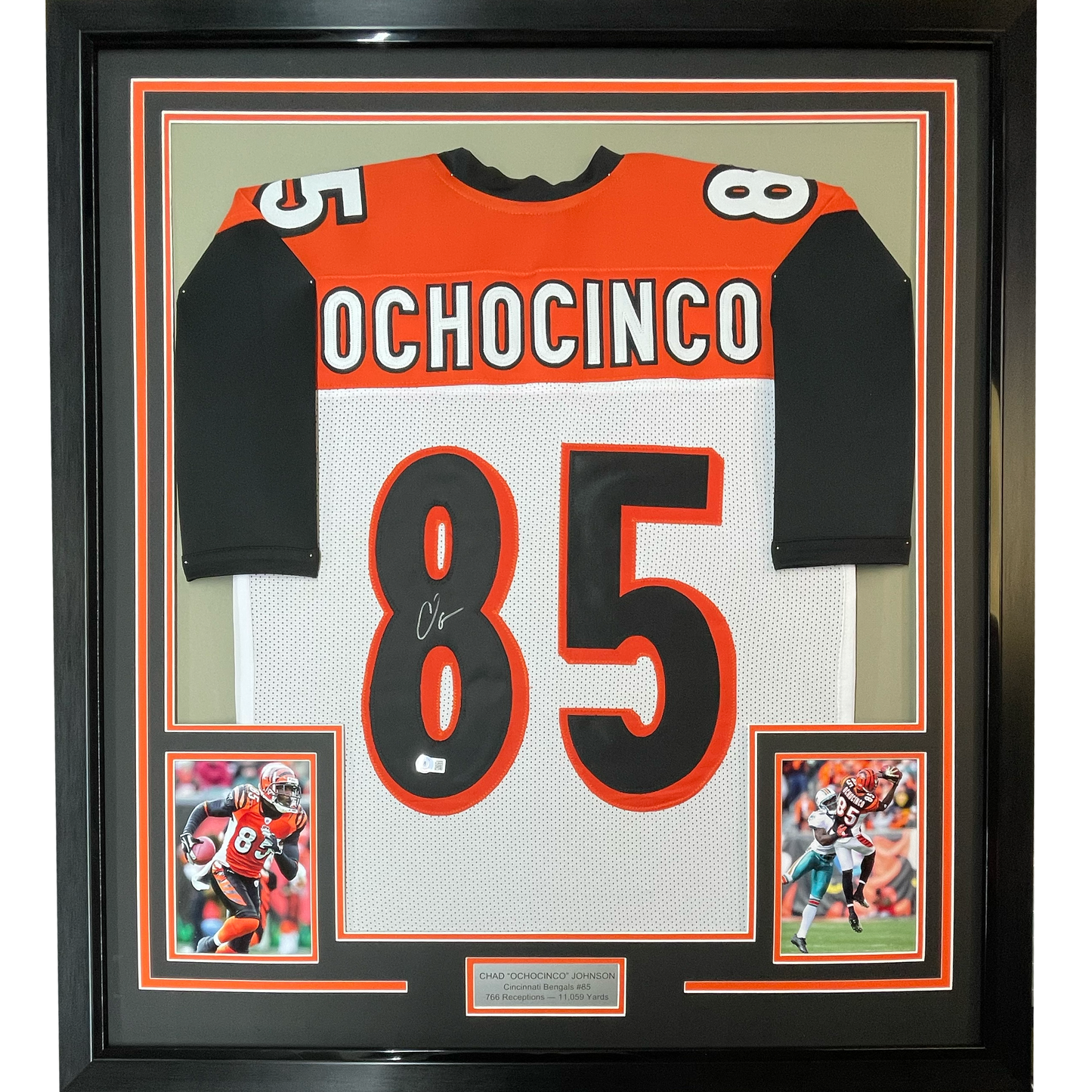 Framed Autographed/Signed Chad Ochocinco (Johnson) 35x39 Cincinnati White Football Jersey JSA COA