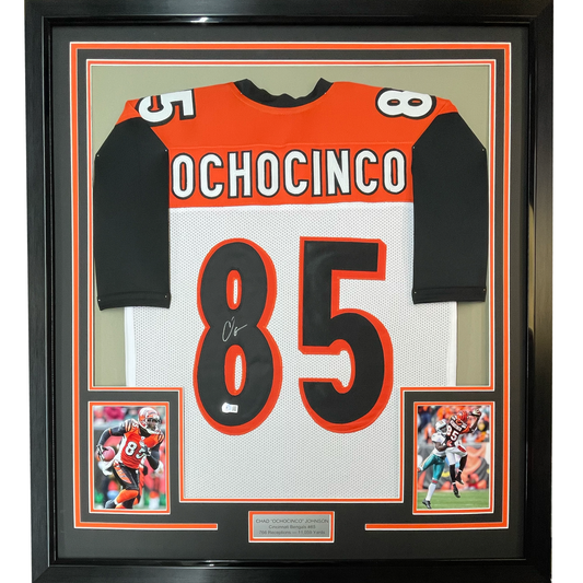Framed Autographed/Signed Chad Ochocinco (Johnson) 35x39 Cincinnati White Football Jersey JSA COA