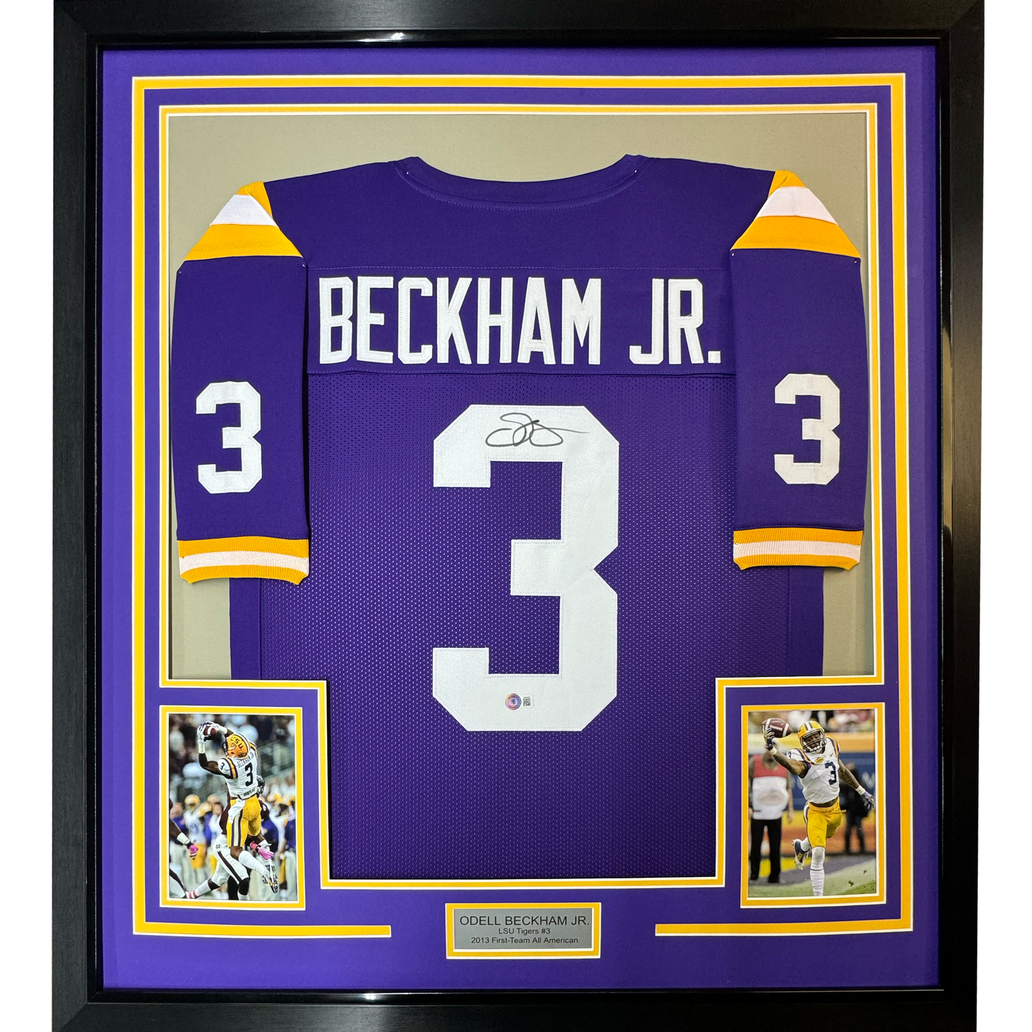 Framed Autographed/Signed Odell Beckham Jr. 35x39 LSU Purple College Football Jersey JSA COA