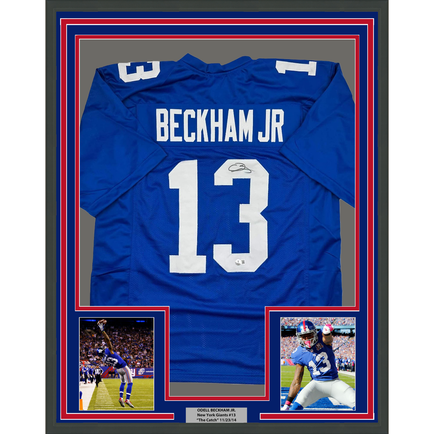 Framed Autographed/Signed Odell Beckham Jr. 35x39 New York Giants Blue Football Jersey JSA COA